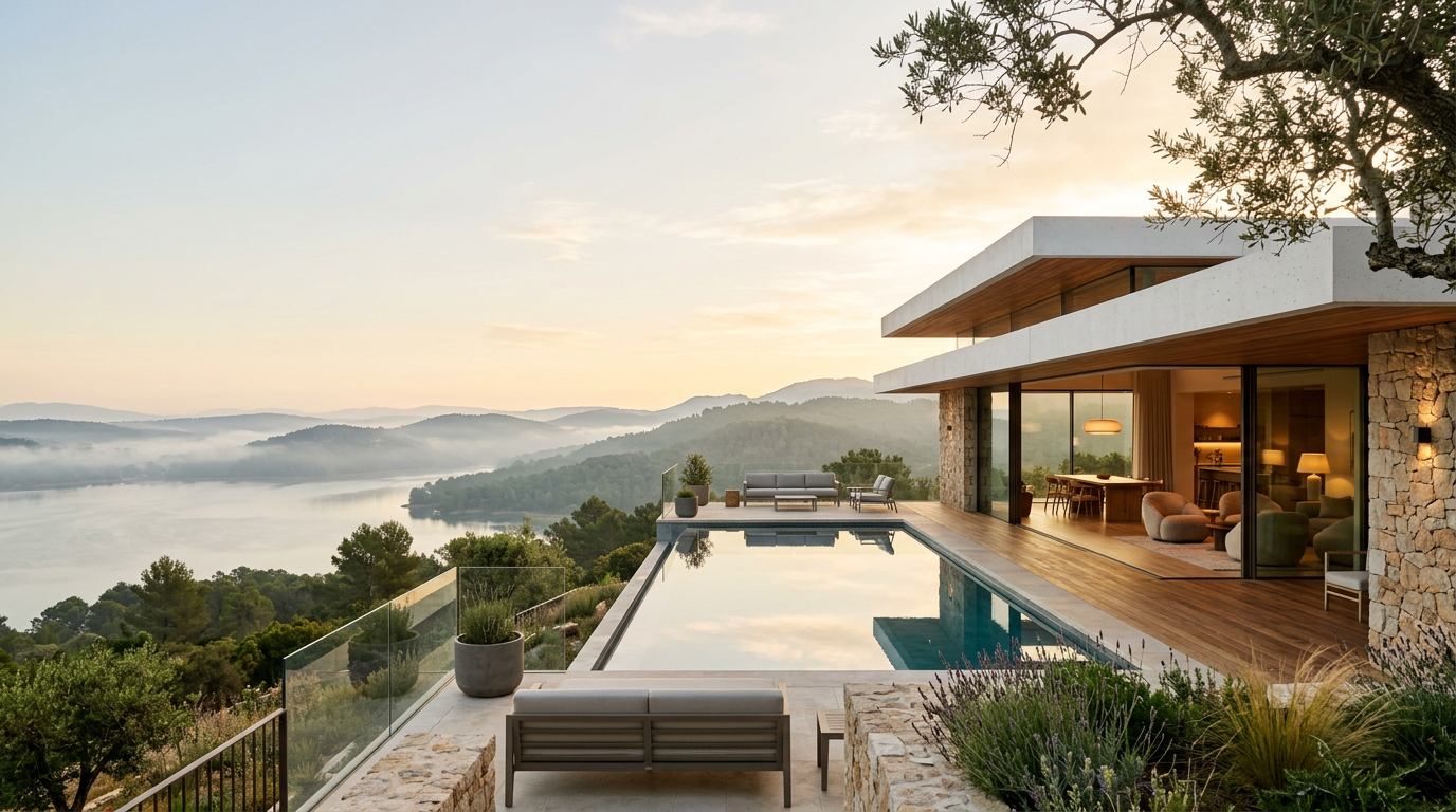 Modern home with floor-to-ceiling glass and an infinity pool overlooking a lake and forested hills at sunrise